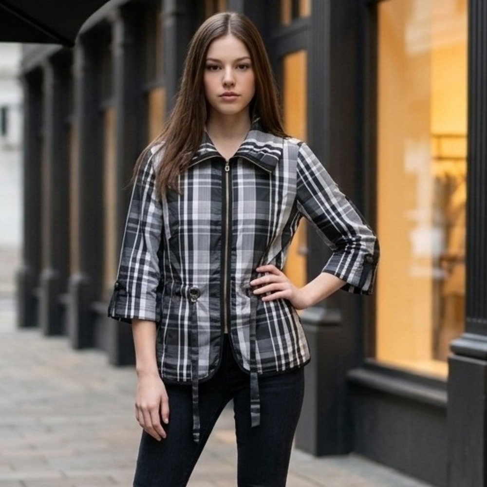 Tribal Size 8 Belted Waist Zip Up Jacket Black Plaid Lightweight Fall 3/4 Sleeve